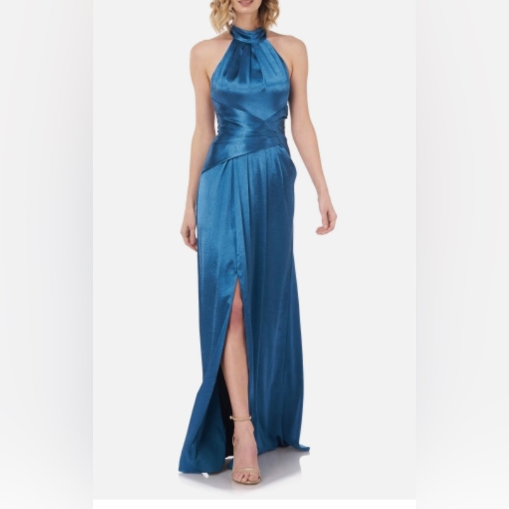 Kay Unger blue satin halter evening gown